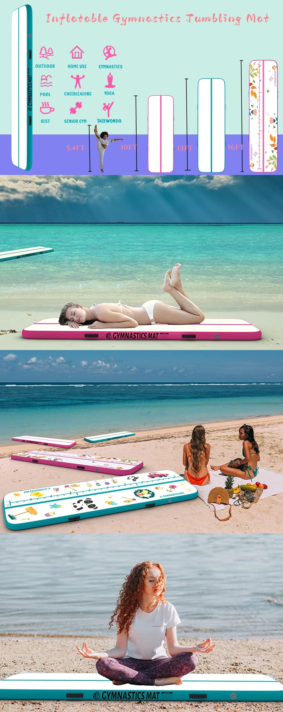 Pink UV Printing New Design Custom Airtrack Mat 3m/4m/5m/6m Inflatable Gymnastics Tumbling Mat Air Track Mat for Fitness Yoga Taekwondo with Electric Air Pump